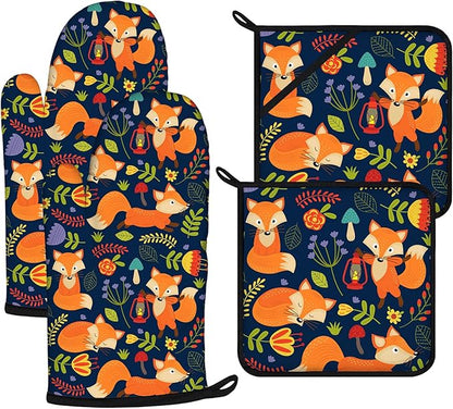 Cute Fox Oven Mitts and Pot Holders Sets 4Pcs,Extra Long Oven Gloves Potholder for Kitchen Cooking Baking BBQ 100% Cotton Heat Resistant by VisittheDuibelproduct