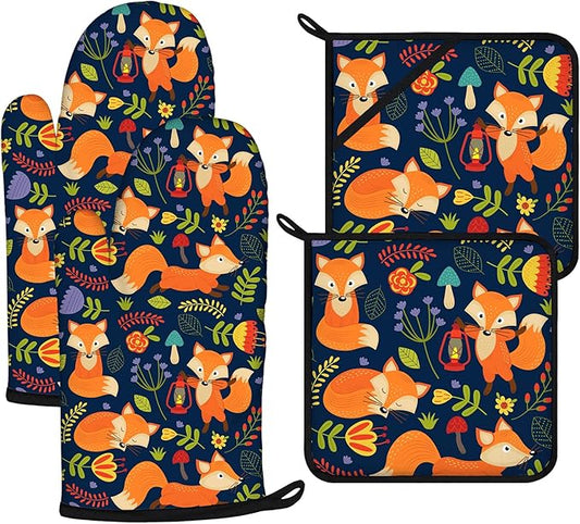 Cute Fox Oven Mitts and Pot Holders Sets 4Pcs,Extra Long Oven Gloves Potholder for Kitchen Cooking Baking BBQ 100% Cotton Heat Resistant by VisittheDuibelproduct