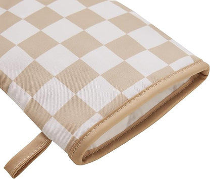 Ohocut Beige Checkered Mini Oven Mitts Heat Resistant, Vintage Retro Checkerboard Mini Silicone Oven Mitts Cute, Non-Slip Small Short Kitchen Oven Gloves Set of 2