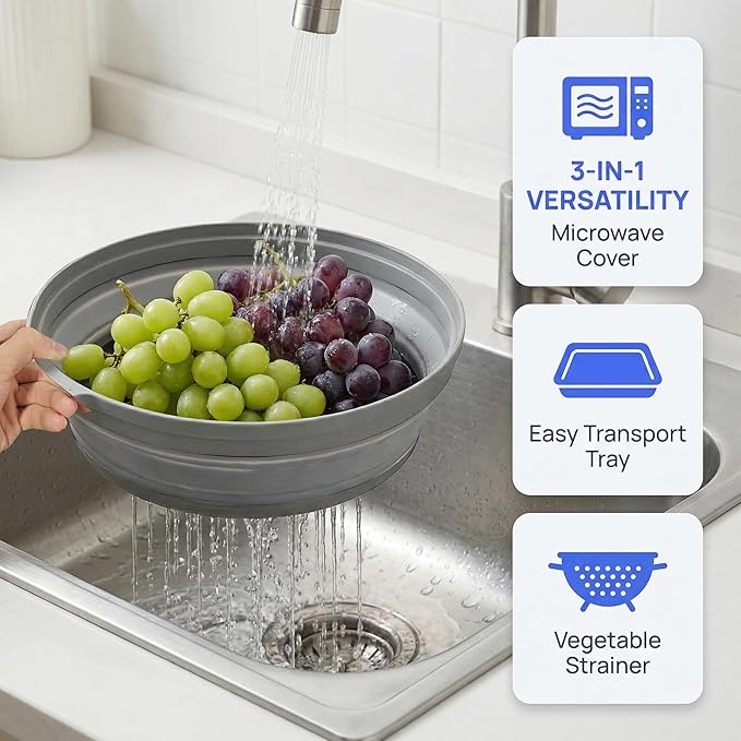 Microwave Food Cover With Handle - Collapsible And Vented Silicone Splash Guard With Tray - For Microwave Food Heating-Splash Guard Can Be Used As a Draining Basket For Washing Vegetables (Gray)