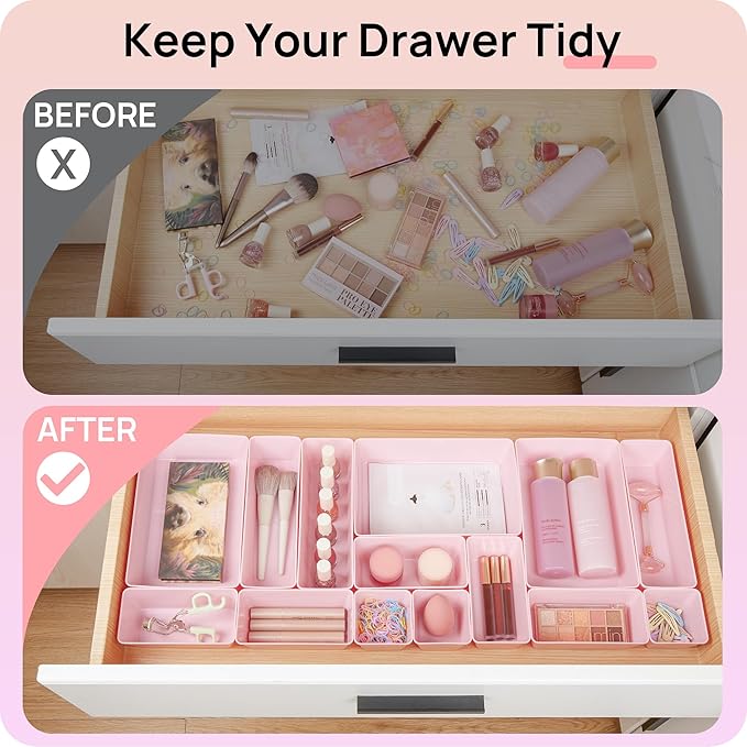 Vtopmart 44 PCS Plastic Drawer Organizers Set, 4-Size Versatile Bathroom and Vanity Organizer Trays, Non-Slip Storage Containers for Makeup, Jewelries, Bedroom，Kitchen Utensils and Office, Pink - Image 3