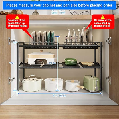 Mustorn Pots and Pans Organizer Under Cabinet, Expandable 2 Tier Under Sink Organizers and Storage Adjustable Height Kitchen Pot and Pan Lid Holder Rack with 12 Dividers Under Cabinet Shelf(Black)