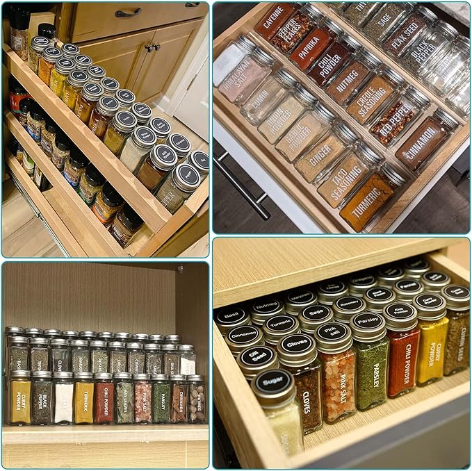 Antimbee 28 Pcs Clear Glass Spice Jars,3.5 oz Glass spice jar with 324 labels, Funnel,Chalk Pen,Shaker Lids and Airtight Metal Caps, Empty Square Spice Bottles for Spice Rack, Cabinet, Drawer - Image 4