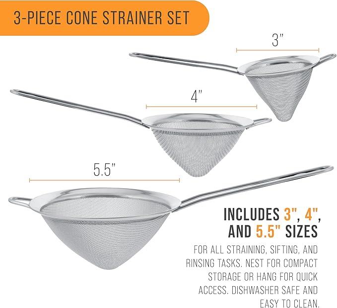 U.S. Kitchen Supply Set of 3 Stainless Steel Conical Strainers - 3", 4" & 5.5" Sizes - Chinois Style, Extra Fine Twill Mesh Sieve, Stainless Steel Strainers and Colanders for Kitchen - Image 3