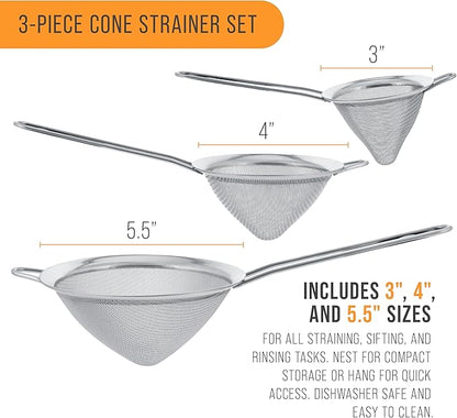 U.S. Kitchen Supply Set of 3 Stainless Steel Conical Strainers - 3", 4" & 5.5" Sizes - Chinois Style, Extra Fine Twill Mesh Sieve, Stainless Steel Strainers and Colanders for Kitchen - Image 3