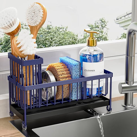 Cisily Sponge Holder for Kitchen Sink, Sink Caddy Organizer with High Brush Holder, Kitchen Countertop Organizers and Storage Essentials, Rustproof 304 Stainless Steel (Navy Blue, 9.25″) by CISILYHOMELIFE
