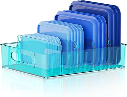 LYNG Lid Organizers Inside Cabinet, Clear Plastic Storage Lid Organizer With 4 Adjustable Dividers, Food Container Lid Organizer For Kitchen Pantry Blue by Unknown