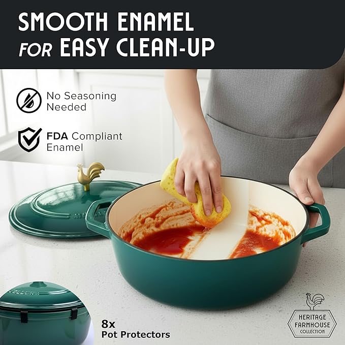 MUELLER HOME 5.5 Quart Enameled Cast Iron Oval Dutch Oven with Rooster Knob and Cotton Potholders, Heavy-Duty Cookware, Oven-Safe up to 500° F & Across All Cooktops, Thanksgiving Essentials, Emerald - Image 7