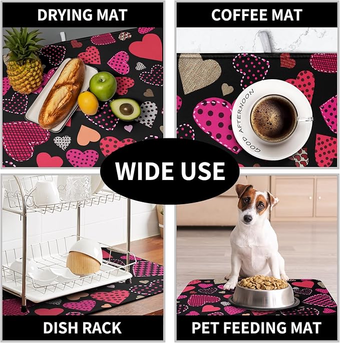 Valentine's Day Kitchen Drying Mats for Dishes 16x18 Inch Love Heart Dish Drying Mat Black Pink Polka Dots Dish Drainer Mat Super Absorbent Dish Rack Pad for Coffee Bar Sinks - Image 7