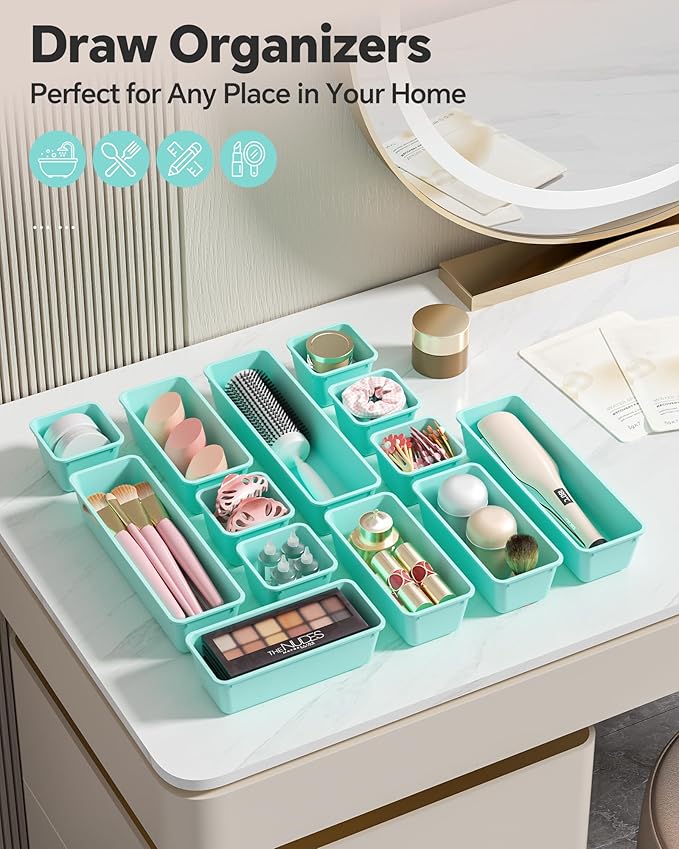 Canfanni 13 Pack Plastic Drawer Organizers Set, 3 Sizes Desk Drawer Organizer Trays for Vanity and Makeup Organizer, Organization and Storage for Makeup, Kitchen Utensils, Bathroom and Office(Blue) - Image 6