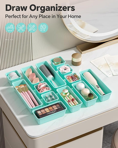 Canfanni 13 Pack Plastic Drawer Organizers Set, 3 Sizes Desk Drawer Organizer Trays for Vanity and Makeup Organizer, Organization and Storage for Makeup, Kitchen Utensils, Bathroom and Office(Blue) - Image 6