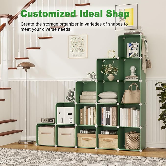 C&AHOME Cube Storage Organizer, 16-Cube Shelves Units, Plastic Storage Cubes, DIY Closet Organizer, Modular Closet Storage Shelves Ideal for Home, Bedroom, 48.4" L × 12.4" W × 48.4" H Green UPCS16GN - Image 6