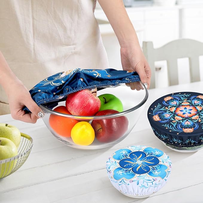 5 Pieces Bowl Covers Reusable, 5 Size Elastic Cloth Bowl Covers for Bread Proofing Food Covers Washable for Food Fruits Leftover (Dark Blue Floral) - Image 3