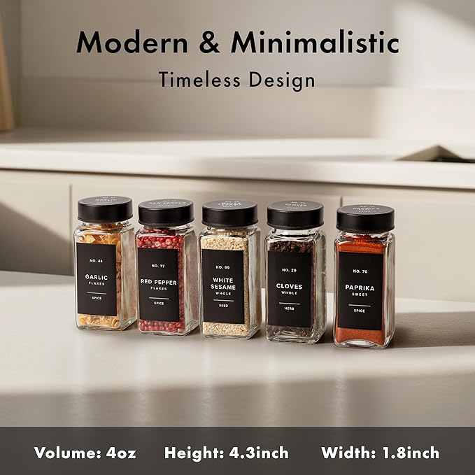 EDELHAUS Glass Spice Jars with Label and Black Lids (24 x 4oz) Spice Containers with 240 Labels, Shaker Inserts, Steel Funnel, Empty Square Empty Square Seasoning Organizer - Image 2