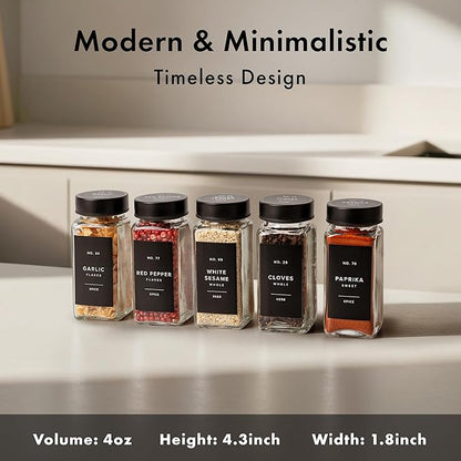 EDELHAUS Glass Spice Jars with Label and Black Lids (36 x 4oz) Spice Containers with 240 Labels, Shaker Inserts, Steel Funnel, Empty Square Empty Square Seasoning Organizer - Image 2
