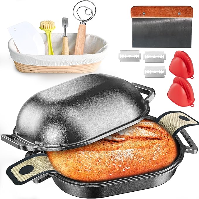 Cast Iron Dutch Oven for Bread Baking, With Banneton Bread Proofing Basket & Baking Supplies, 7.5QT Multi-Functional Dutch Oven Pot with Lid, Cast Iron Bread Pan, Black by MakeLifeMoreComfortable