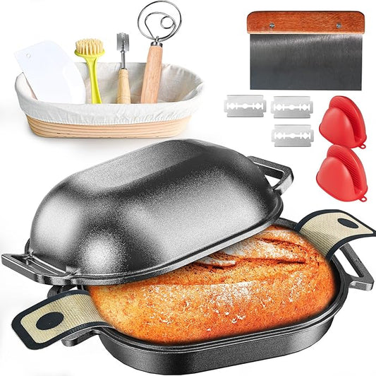 Cast Iron Dutch Oven for Bread Baking, With Banneton Bread Proofing Basket & Baking Supplies, 7.5QT Multi-Functional Dutch Oven Pot with Lid, Cast Iron Bread Pan, Black by MakeLifeMoreComfortable
