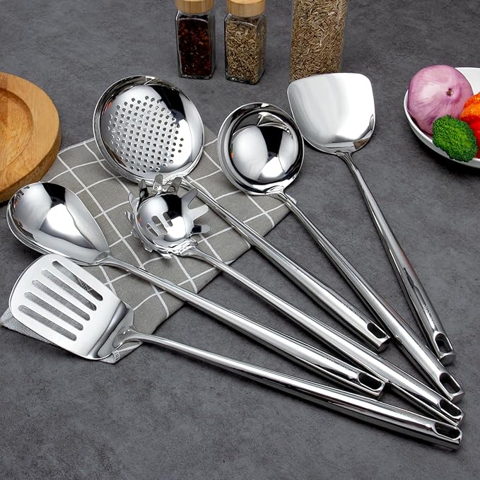 VALESKA 6PCS Stainless Steel Cooking Utensils Set,18/10 Metal Kitchen Utensils Set, Include Wok Spatula Stainless Steel,Metal Pasta Spoon and etc,Easy to Clean - Image 6