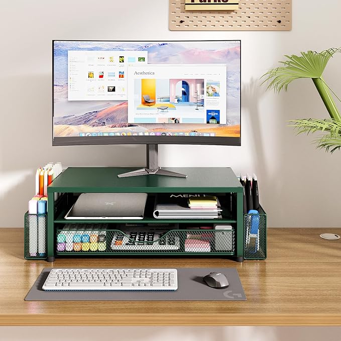 OPNICE Desk Organizers and Accessories, 2-Tier Computer Monitor Stand Riser with Drawer and 2 Pen Holders, Laptop Stand, Office Desk Accessories for Office Supplies, Dark Green - Image 7