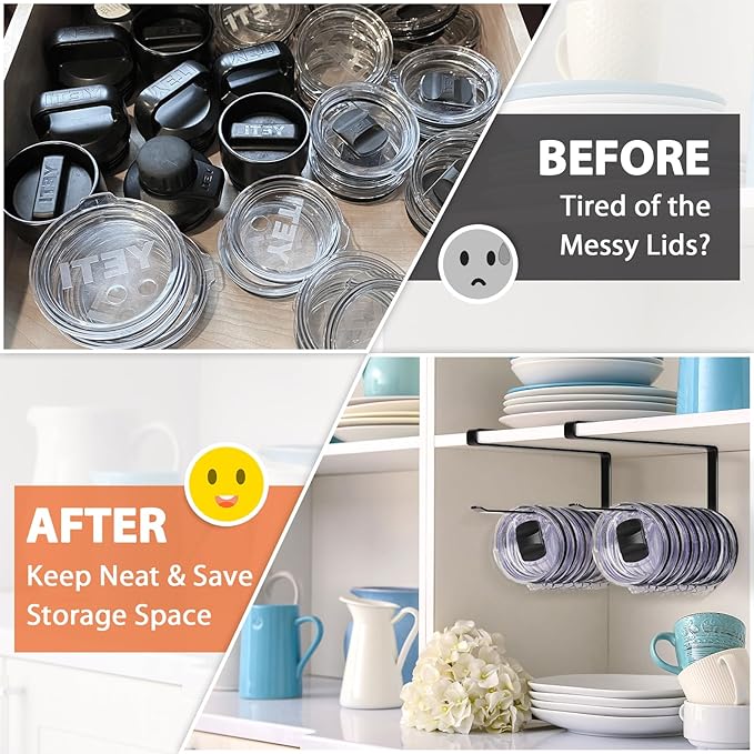 2 Pack Tumbler Lid Organizer, Horizontal Tumbler Lid Storage Hook to Hold Up 20 Lids, Space Saving Cup Lid Holders Under Cabinet Tumbler Lid Hook for Kitchen Organizer, Paper Towel Rack Hanger (Black) - Image 5