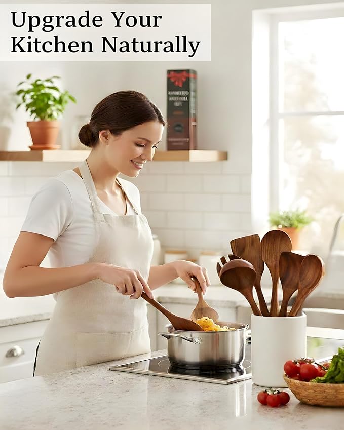 10-Piece Natural Teak Wood Utensil Set - Nonstick Cooking Spoons & Spatulas, Heat Resistant Kitchen Tools - Image 7
