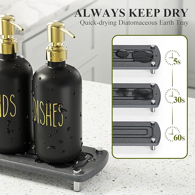 Cisily Kitchen Soap Dispenser Set Comes with Ceramics Sponge Holder, Gold Pumps, and Instant Dry Tray, Hand and Dish Soap Dispenser Set (4, Gold + Black + Sponge Holder) - Image 2