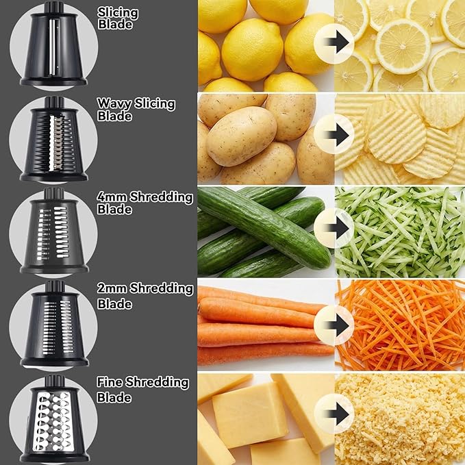 Upgrade Rotary Cheese Grater Shredder with Handle, Strong Suction Base, Multi-purpose Rotary Grater Slicer with 5 Interchangeable Blades for Ice, Vegetables, Fruit, Nuts with Blade Storage Box - Image 3