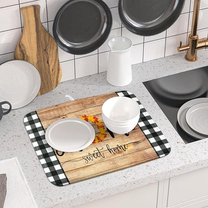 Giwawa Home Sweet Home Dish Drying Mat 16x18 Inch Fall Autumn Maple Leaf Wreath Dish Drainer Mats Rustic Brown Wood Board Microfiber Dish Drying Rack Pad for Kitchen Countertop Farmhouse Decor
