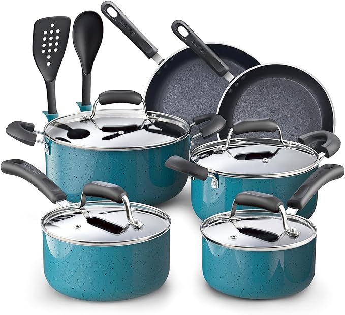 Cook N Home Pots and Pans Nonstick Cookware Set 12-Piece, Kitchen Cooking Set with Frying Pans and Saucepans, Induction Compatible, Turquoise by CookNHome
