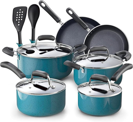 Cook N Home Pots and Pans Nonstick Cookware Set 12-Piece, Kitchen Cooking Set with Frying Pans and Saucepans, Induction Compatible, Turquoise by CookNHome