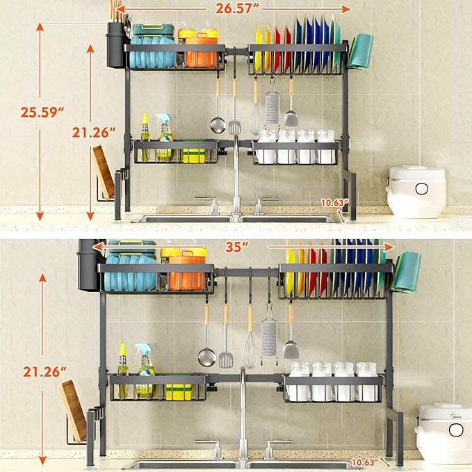 YKLSLH 4 Baskets Over The Sink Dish Drying Rack, Extendable Large Capacity Sink Rack, Metal Drying Rack Saving Space,for Most Sinks (26.57"-35") - Image 4