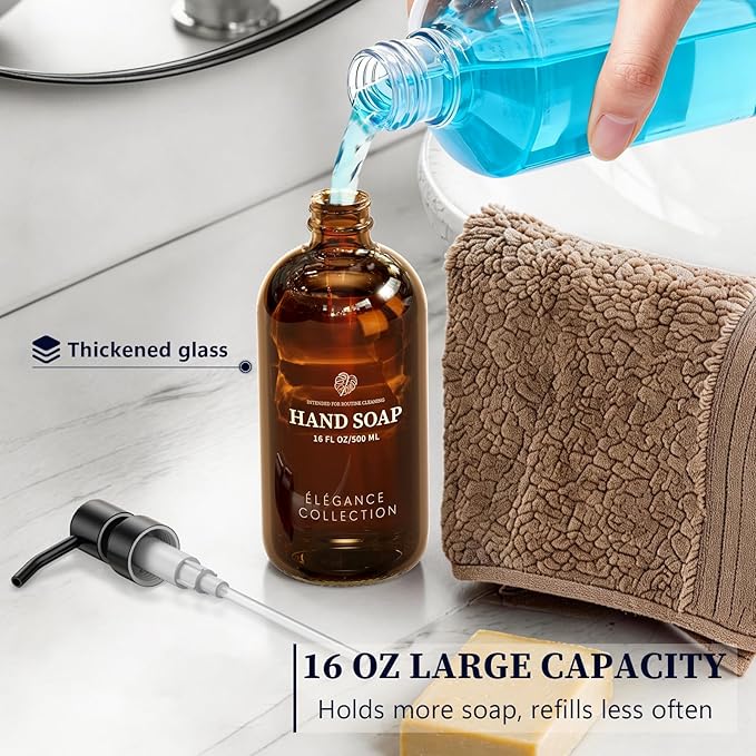 Amber Glass Soap Dispenser for Kitchen Sink and Bathroom - 2 Pack 16oz Slim Profile Bottles with Rust-Proof Stainless Steel Pump, Non-Slip Base & 14 Waterproof Labels for Home Organization - Image 5