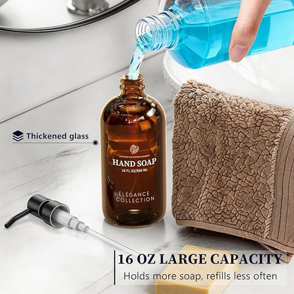 Amber Glass Soap Dispenser for Kitchen Sink and Bathroom - 2 Pack 16oz Slim Profile Bottles with Rust-Proof Stainless Steel Pump, Non-Slip Base & 14 Waterproof Labels for Home Organization - Image 5