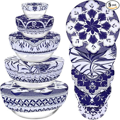 5 Pieces Bowl Covers Reusable, 5 Size Elastic Cloth Bowl Covers for Bread Proofing Food Covers Washable for Food Fruits Leftover (Blue Floral) by Revahope