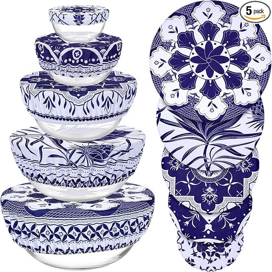 5 Pieces Bowl Covers Reusable, 5 Size Elastic Cloth Bowl Covers for Bread Proofing Food Covers Washable for Food Fruits Leftover (Blue Floral) by Revahope