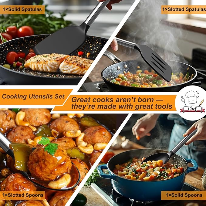 Yoehka Silicone Cooking Utensils Set for Nonstick Cookware, 4Pcs Heat Resistant Kitchen Silicone Spatula and Spoon Set with Stainless Steel Handle, Mixing, Flipping, Turning, Stirring, Black - Image 5