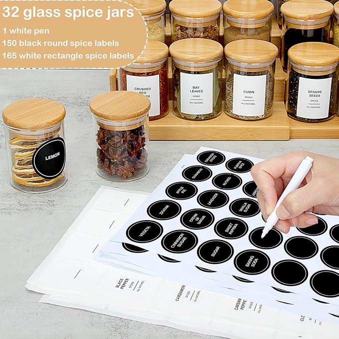 EgticHome 4OZ Glass Spice Jars with Bamboo Lids and 315 Labels, 32 Pcs Clear Food Storage Containers for Kitchen Sugar Salt Coffee Tea Beans - Image 2
