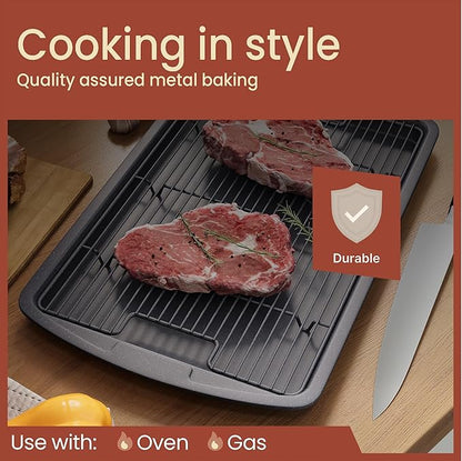 Cookie Sheet with Wire Rack Set, 2-Piece Nonstick Gray Marble Carbon Steel Pan & Cooling Rack, Space-Saving Stackable Set, PFOA, PFOS, PTFE Free, Oven Safe Up to 450°F, 17.4" Pan & 14.7" Rack - Image 3