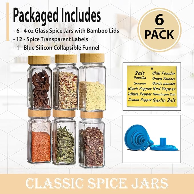 Glass Spice Jars with Bamboo Airtight Lids - (6 Pack) - 4 oz Square Spice Bottles with Shaker Lids - Clear Empty Shaker Seasoning Jars with Preprinted Spice Jars Labels and Collapsible Funnel Included - Image 7