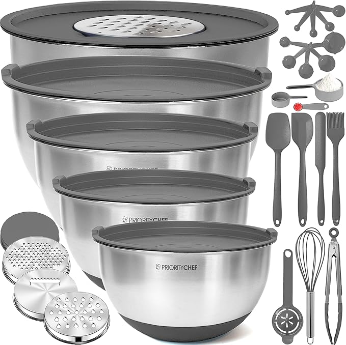 Priority Chef Stainless Steel Mixing Bowls with Lids Set, Metal Nesting Bowls with Airtight Lids, Graters, Non-Slip Base & Measurement Marks, Includes Utensil Set for Prep, Baking & Storage, Grey by PriorityChef