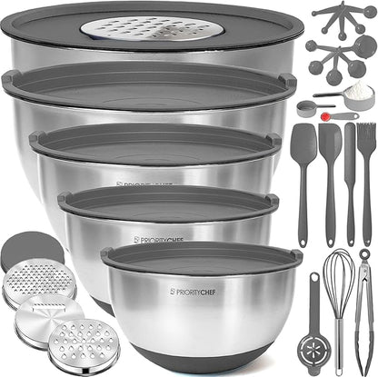 Priority Chef Stainless Steel Mixing Bowls with Lids Set, Metal Nesting Bowls with Airtight Lids, Graters, Non-Slip Base & Measurement Marks, Includes Utensil Set for Prep, Baking & Storage, Grey by PriorityChef
