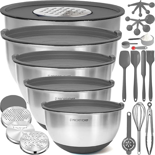 Priority Chef Stainless Steel Mixing Bowls with Lids Set, Metal Nesting Bowls with Airtight Lids, Graters, Non-Slip Base & Measurement Marks, Includes Utensil Set for Prep, Baking & Storage, Grey by PriorityChef