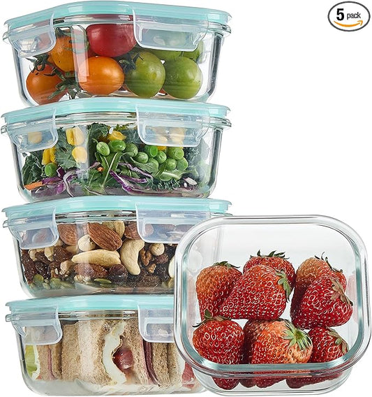 Vtopmart 5Pack 17.5oz Glass Storage Containers with Lids, Glass Meal Prep Food Container Sets with Snap Airtight Lids for Microwave, Oven, Freezer and Dishwasher, Green by Vtopmart