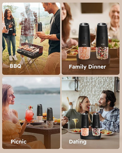 Sangcon 2-Speed Gravity Electric Salt and Pepper Grinder Set RECHARGEABLE, Automatic Salt Pepper Shakers with Charging Base - LED Light One Hand Operated, External Adjustable Coarseness Pepper Mill - Image 8