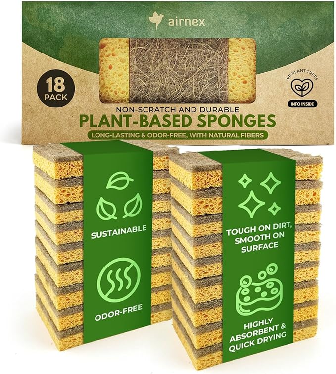 AIRNEX Natural Kitchen Sponges Pack of 18 - Biodegradable Cellulose and Coconut Husk Walnut Scrubbers - Odor Free Non Scratch - Eco Friendly Quick Drying Dishwashing Sponges by Airnex