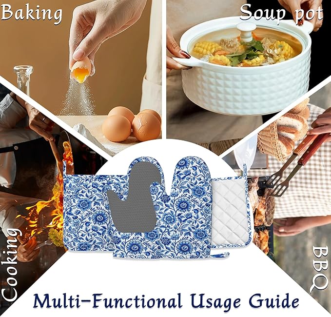 Oven Mitts and Pot Holders Sets Blue White Floral Silicone Kitchen Mits Potholders Vintage Flowers Heat Resistant 4Pcs Oven Gloves Hot Pads for Baking Cooking BBQ Grilling Home Decor