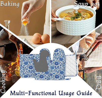 Oven Mitts and Pot Holders Sets Blue White Floral Silicone Kitchen Mits Potholders Vintage Flowers Heat Resistant 4Pcs Oven Gloves Hot Pads for Baking Cooking BBQ Grilling Home Decor