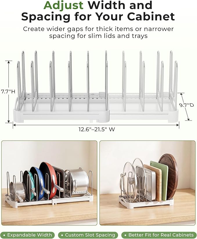 EVERIE Adjustable Bakeware Organizer Pot Lid Holder Rack for Pots, Cake Molds, Cutting Boards, Mats, Cookware, GS02SS, 7.7'' Deep by 12.6'' to 21.5'' Wide - Image 7