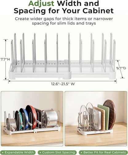 EVERIE Adjustable Bakeware Organizer Pot Lid Holder Rack for Pots, Cake Molds, Cutting Boards, Mats, Cookware, GS02SS, 7.7'' Deep by 12.6'' to 21.5'' Wide - Image 7