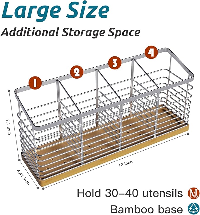 Suli Extra Large Kitchen Utensil Holder with 4 Compartments，Metal holder with Wooden Base for Kitchen Countertop，Farmhouse Cooking Utensil Storage, Rustic Cooking Utensil,Silvery - Image 2